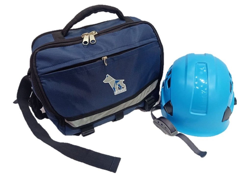 Sling Bag ensures that it will not get snagged in narrow spaces in case of earthquakes/cave-ins. Helmet protects against head injuries. Navy Blue Variant - Sling Bag measures 36cm x 29cm x 15cm.