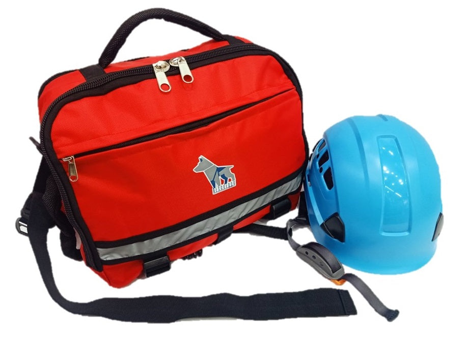 Red variant - Sling Bag ensures that it will not get snagged in narrow spaces in case of earthquakes/cave-ins. Helmet protects against head injuries. Sling Bag measures 36cm x 29cm x 15cm.